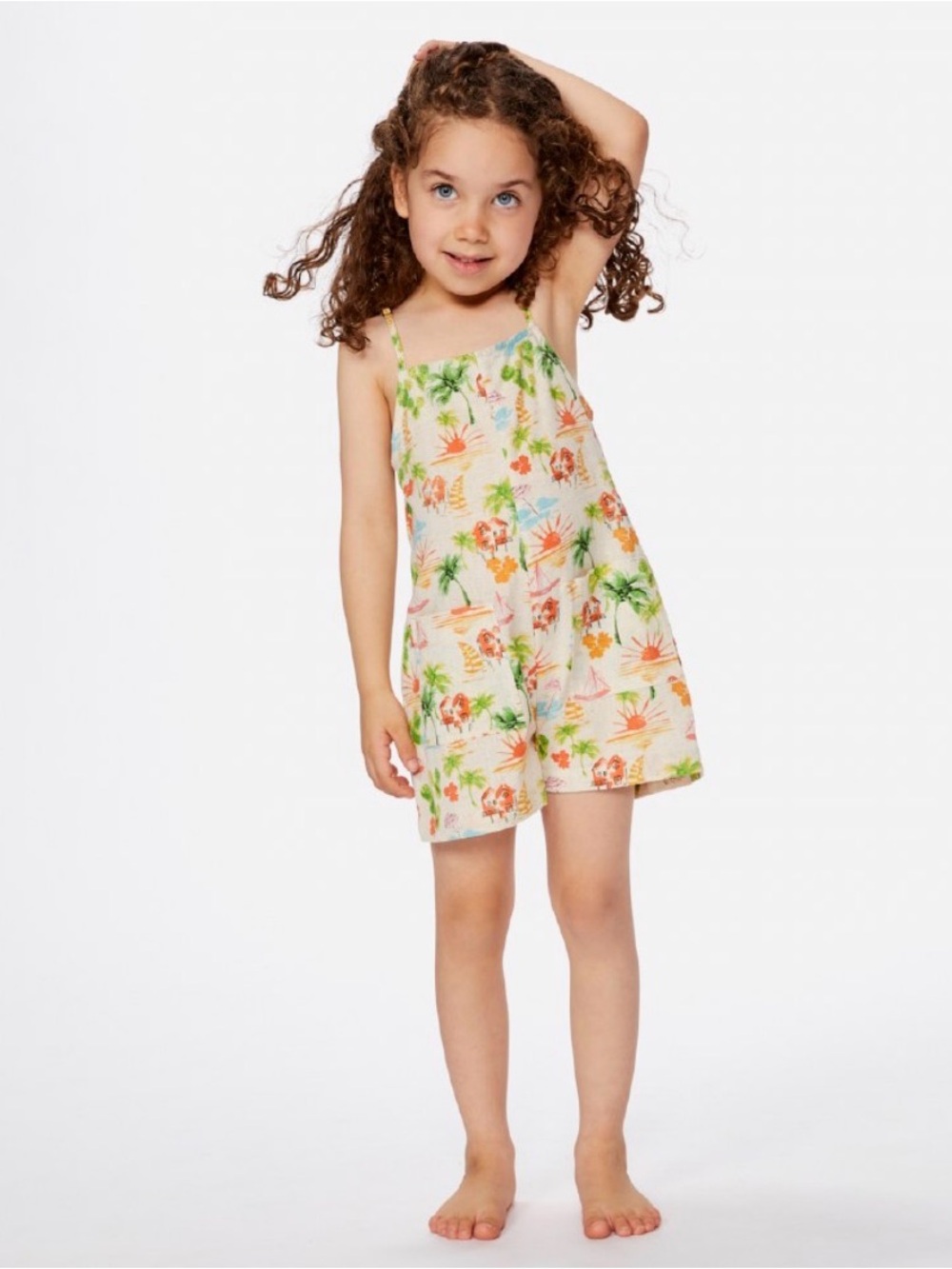 Rip Curl Kids linen Tropical Print One-Piece Romper in Cream, Green, Orange